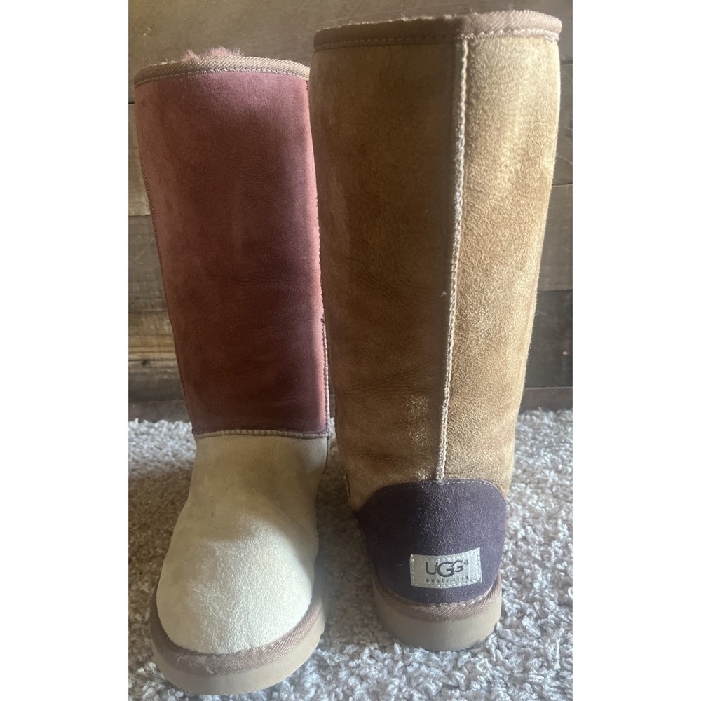 UGG Classic Tall Y2K Patchwork Suede Shearling Boots Beige Rust Chestnut W7 EUC